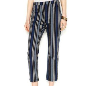 Free People Blue Stripe Stretch Linen Cotton High Rise Side Zip Crop Pants